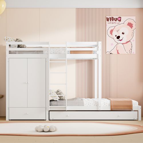 Lit Superposé Enfant 90x200 Cm - Lit Combiné Avec Lit Gigogne, Rangements Tiroirs - Blanc