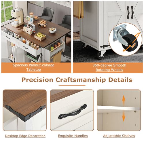 Îlot De Cuisine - Desserte Avec Grand Rangement 4 Portes 2 Tiroirs Et Plan Coulissant - Mdf- Blanc