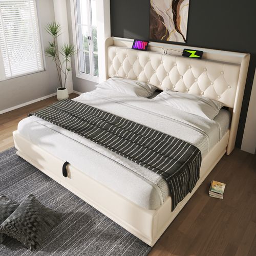 Lit Coffre 180x200, Lit Adulte Capitonné Avec LED Et Fonction USB Type-c, Pu Blanc