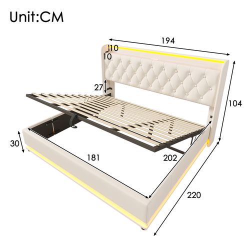 Lit Coffre 180x200, Lit Adulte Capitonné Avec LED Et Fonction USB Type-c, Pu Blanc