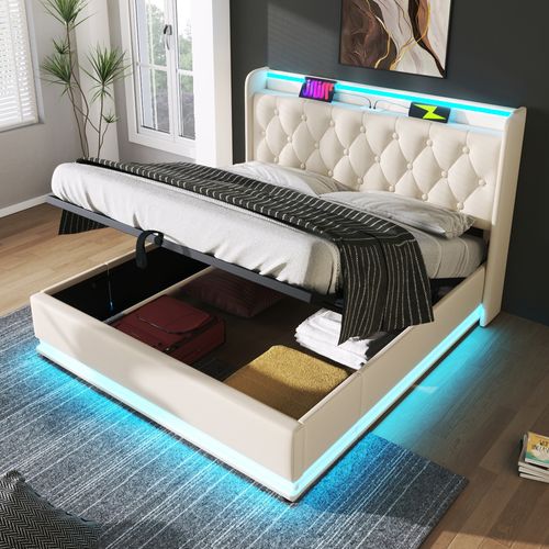 Lit Coffre 160x200, Lit Adulte Capitonné Avec Fonction LED Et USB Type-c, Pu Blanc