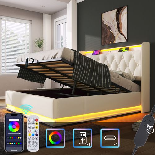 Lit Coffre 160x200, Lit Adulte Capitonné Avec Fonction LED Et USB Type-c, Pu Blanc