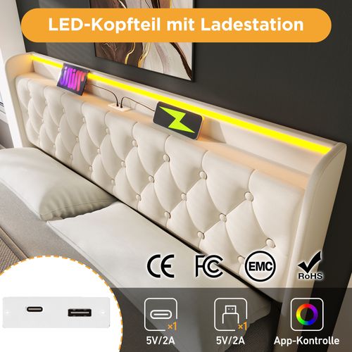Lit Coffre 160x200, Lit Adulte Capitonné Avec Fonction LED Et USB Type-c, Pu Blanc