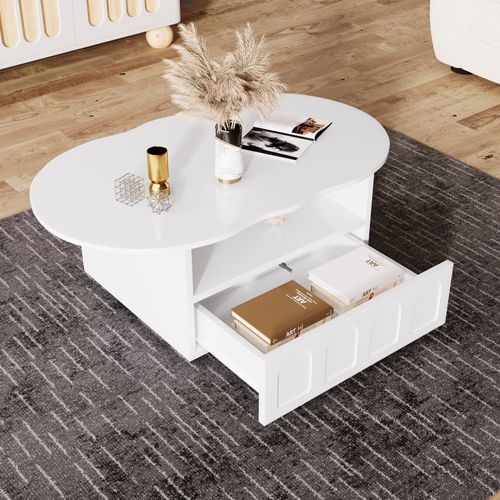 Table Basse Design Nuage - Rangement Avec Tiroir Intégré,multifonction, Panneau De Particules, Blanc