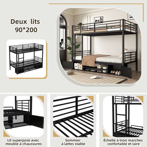 Lit Superposé Enfant 90x200 Cm - Échelle - Rangement - Tiroirs - Protection Anti-chute - Métal Noir