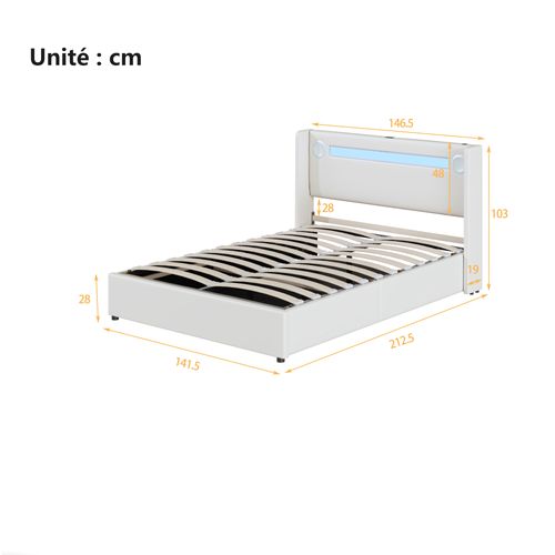 Lit Coffre 140x200 Cm - Lit Double Avec LED, Bluetooth Et USB, Coffre En Simili Cuir Blanc