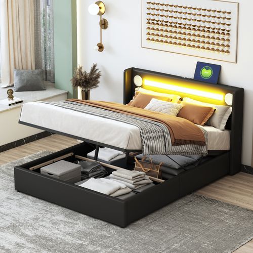 Lit Coffre 140x200 Cm - LED - Bluetooth - Port USB - Coffre Fonctionnel - Simili Cuir - Noir