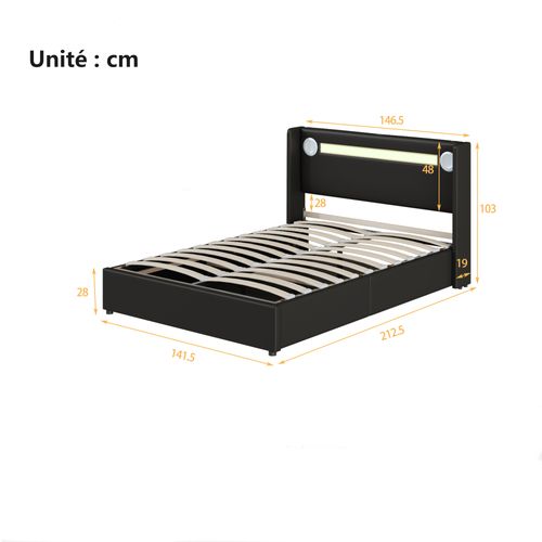 Lit Coffre 140x200 Cm - LED - Bluetooth - Port USB - Coffre Fonctionnel - Simili Cuir - Noir