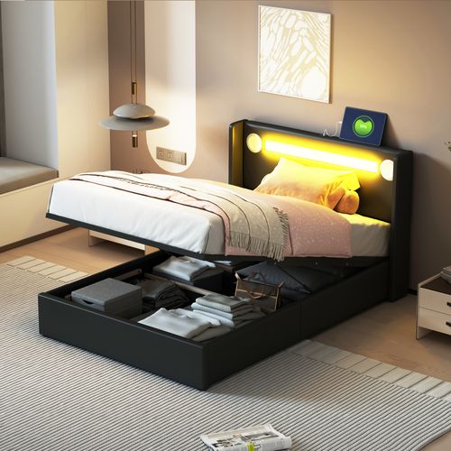 Lit Coffre 90x200 Cm - Lit Simple Avec LED, Bluetooth Et USB, Coffre En Simili Cuir Noir