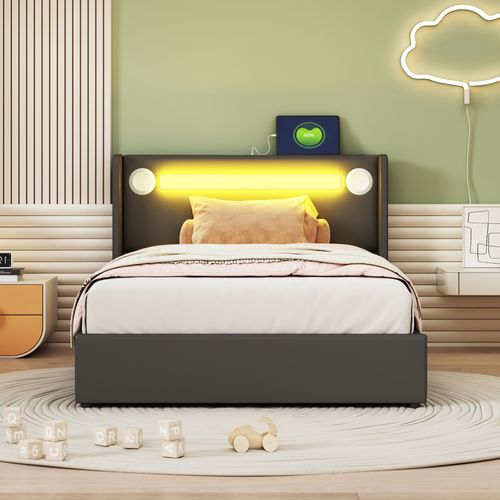 Lit Coffre 90x200 Cm - Lit Simple Avec LED, Bluetooth Et USB, Coffre En Simili Cuir Noir
