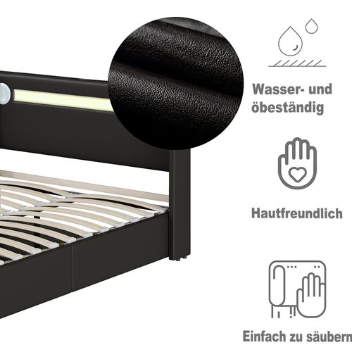 Lit Coffre 90x200 Cm - Lit Simple Avec LED, Bluetooth Et USB, Coffre En Simili Cuir Noir