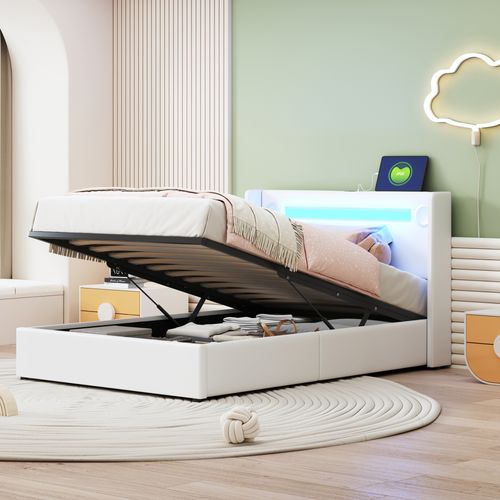 Lit Coffre 90x200 Cm - Lit Simple Avec LED, Bluetooth Et USB, Coffre En Simili Cuir Blanc