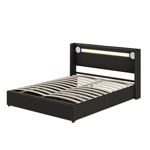 Lit Double 160x200 Cm - LED - Bluetooth Intégré - Chargeur USB - Pu - Noir