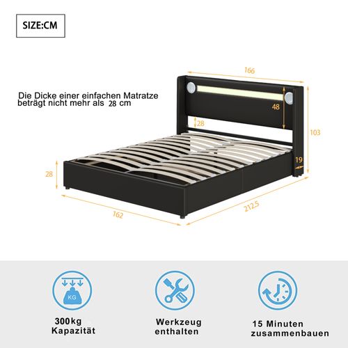 Lit Double 160x200 Cm - LED - Bluetooth Intégré - Chargeur USB - Pu - Noir