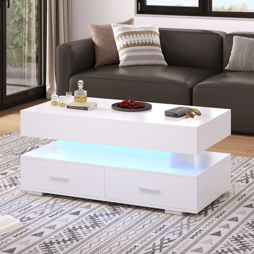 Table Basse Relevable - LED Et 2 Tiroirs - Contrôle Via Application - Panneaux De Particules - Blanc