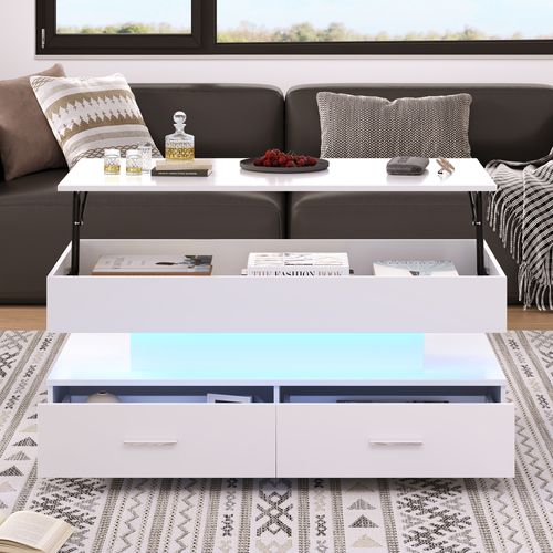 Table Basse Relevable - LED Et 2 Tiroirs - Contrôle Via Application - Panneaux De Particules - Blanc