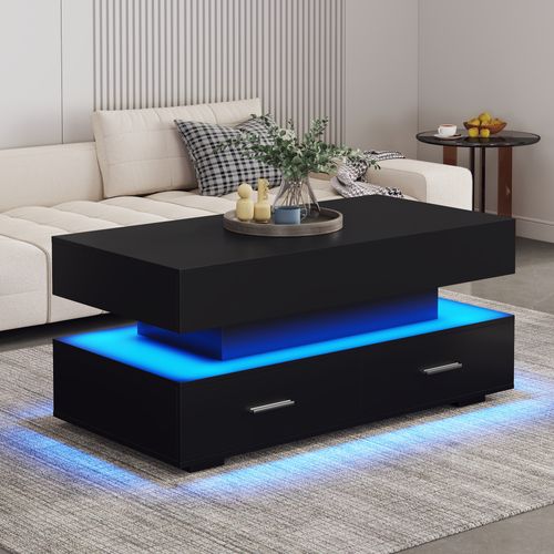 Table Basse Relevable - Éclairage LED Et Tiroirs - Contrôle Via App - Panneaux De Particules - Noir