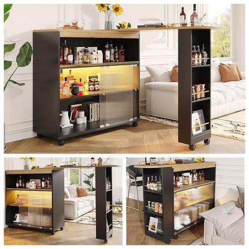 Îlot De Cuisine Moderne Extensible Avec LED Intégrée Et Grand Rangement - Mdf Métal - Noir