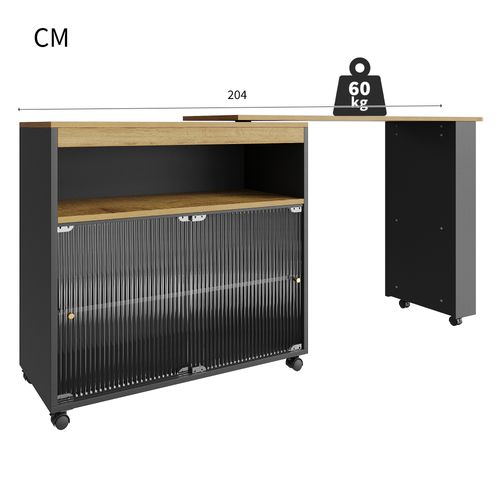 Îlot De Cuisine Moderne Extensible Avec LED Intégrée Et Grand Rangement - Mdf Métal - Noir