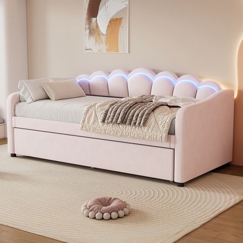 Lit Gigogne 90x200 Cm - Lit Simple Avec Lit Tiroir Et Bande LED - Velours Confortable - Rose
