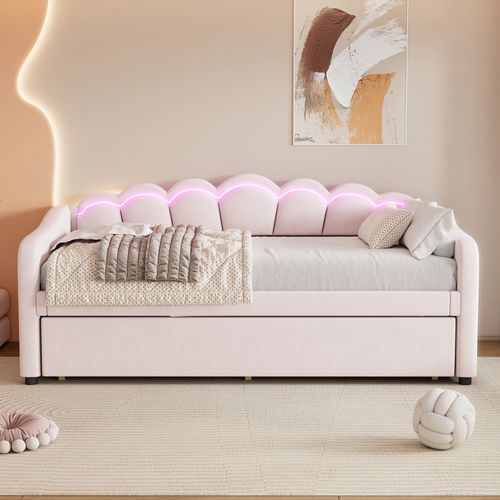 Lit Gigogne 90x200 Cm - Lit Simple Avec Lit Tiroir Et Bande LED - Velours Confortable - Rose