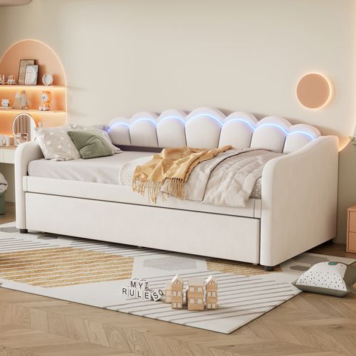 Lit Gigogne 90x200 - Lit Simple Avec Lit Tiroir - Bande LED Intégrée - Finition En Velours - Beige