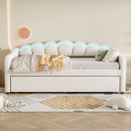 Lit Gigogne 90x200 - Lit Simple Avec Lit Tiroir - Bande LED Intégrée - Finition En Velours - Beige