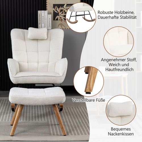 Rocking Chair Rétro - Repose-pieds - Fauteuil à Bascule Confortable - Base Bois - Tissu - Blanc