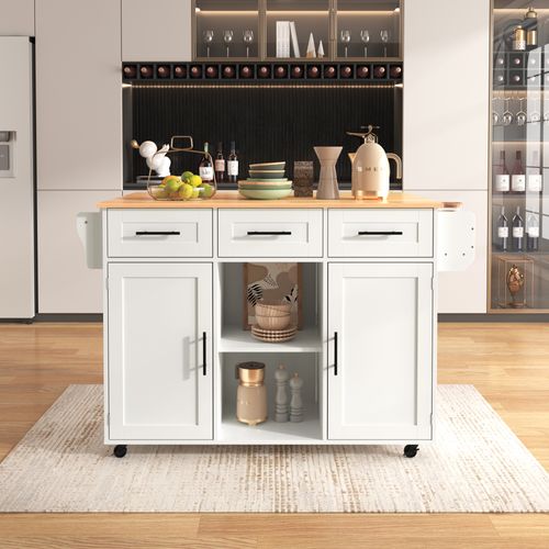 Desserte - Buffet - Plateau Rabattable - Portes Rangement - Roulettes - Pieds Remplaçables - Blanc