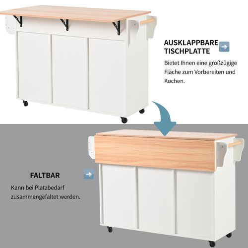 Desserte - Buffet - Plateau Rabattable - Portes Rangement - Roulettes - Pieds Remplaçables - Blanc