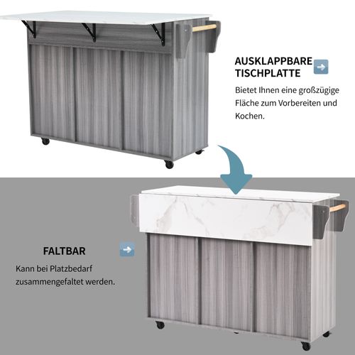 Îlot De Cuisine - Plan Chêne - 3 Tiroirs - 4 Compartiments Rangement - Mobile Sur Roulettes - Gris