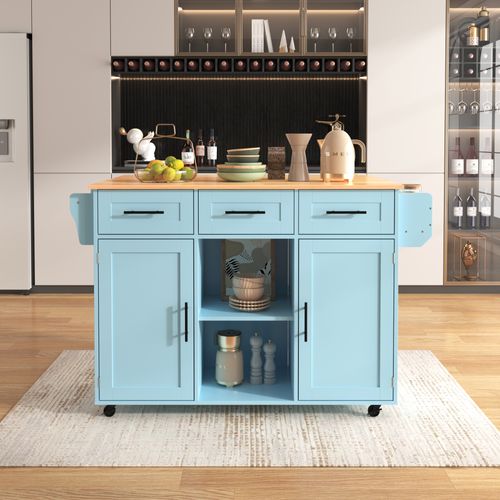 Desserte De Cuisine - Buffet Mobile - Plateau Rabattable - Rangement - Roulettes - Pieds Bois - Bleu