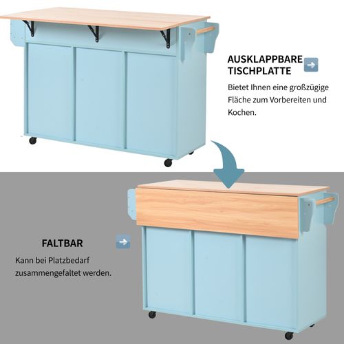 Desserte De Cuisine - Buffet Mobile - Plateau Rabattable - Rangement - Roulettes - Pieds Bois - Bleu