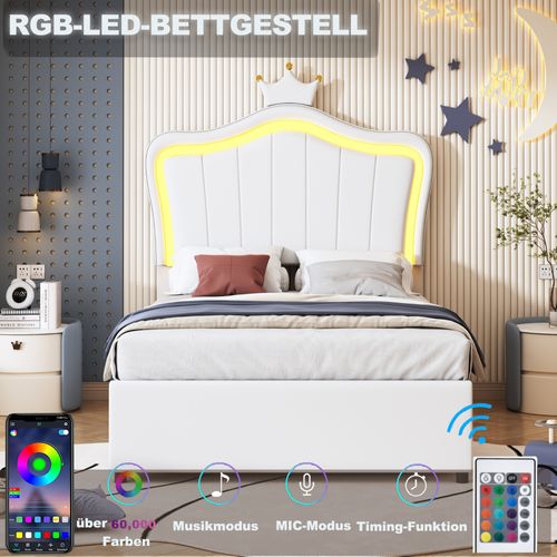 Lit Coffre 90x200 Cm - Lit Simple Enfant Avec LED Et Couronne Intégrée - Simili/mdf - Blanc