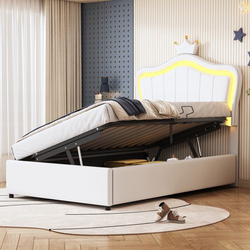 Lit Coffre 90x200 Cm - Lit Simple Enfant Avec LED Et Couronne Intégrée - Simili/mdf - Blanc