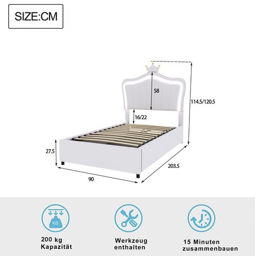 Lit Coffre 90x200 Cm - Lit Simple Enfant Avec LED Et Couronne Intégrée - Simili/mdf - Blanc