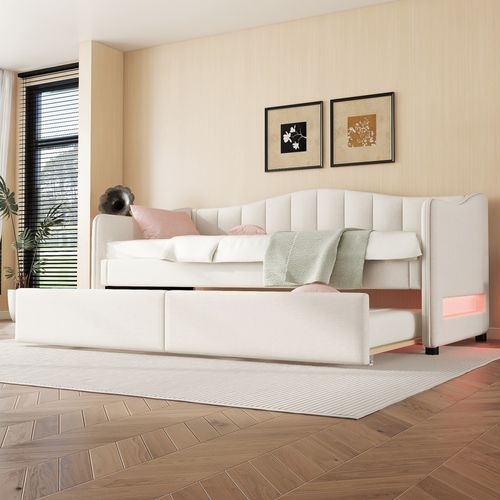 Lit Gigogne 90x200 Cm - Lit Simple Avec Lit Tiroir Et Sommier - Lin + Mdf - Sans Matelas - Beige