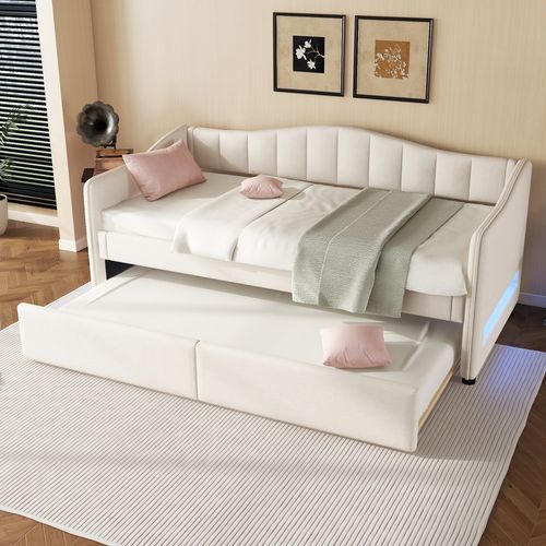 Lit Gigogne 90x200 Cm - Lit Simple Avec Lit Tiroir Et Sommier - Lin + Mdf - Sans Matelas - Beige