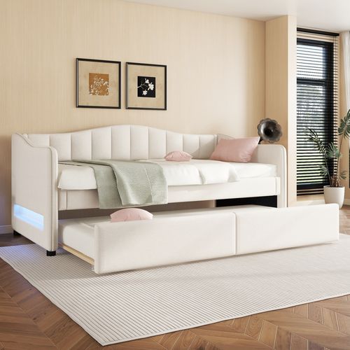 Lit Gigogne 90x200 Cm - Lit Simple Avec Lit Tiroir Et Sommier - Lin + Mdf - Sans Matelas - Beige