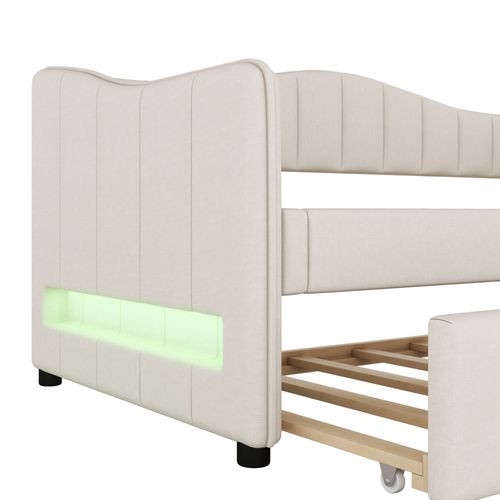Lit Gigogne 90x200 Cm - Lit Simple Avec Lit Tiroir Et Sommier - Lin + Mdf - Sans Matelas - Beige