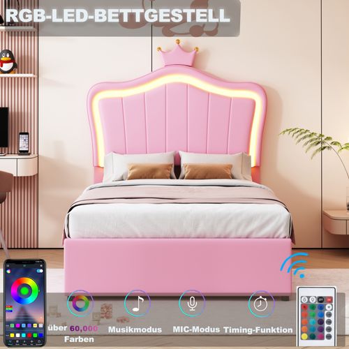 Lit Coffre 90x200 Cm - Lit Simple Enfant Avec Couronne Et LED - Simili/mdf - Rose