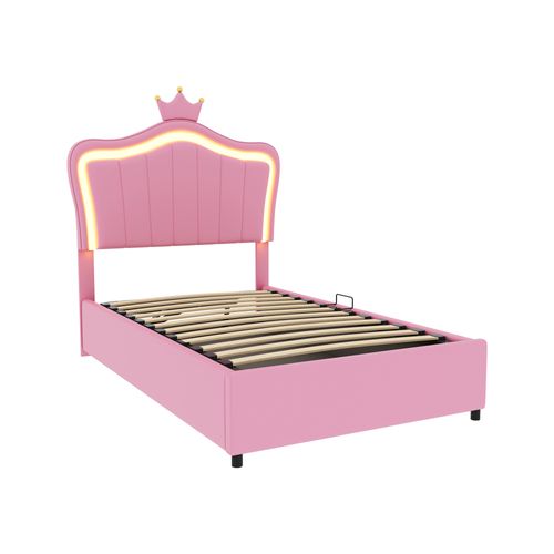 Lit Coffre 90x200 Cm - Lit Simple Enfant Avec Couronne Et LED - Simili/mdf - Rose