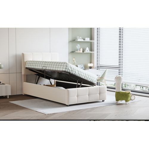Lit Coffre 90x200 Cm - Simple Capitonné - Espace De Rangement Et Coffre Hydraulique - Velours -beige