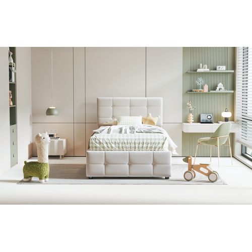 Lit Coffre 90x200 Cm - Simple Capitonné - Espace De Rangement Et Coffre Hydraulique - Velours -beige