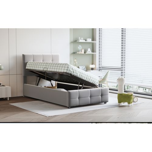Lit Coffre 90x200 Cm - Simple Capitonné - Espace De Rangement Et Coffre Hydraulique - Velours - Gris