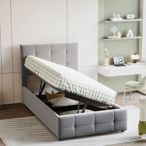 Lit Coffre 90x200 Cm - Simple Capitonné - Espace De Rangement Et Coffre Hydraulique - Velours - Gris