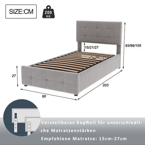 Lit Coffre 90x200 Cm - Simple Capitonné - Espace De Rangement Et Coffre Hydraulique - Velours - Gris