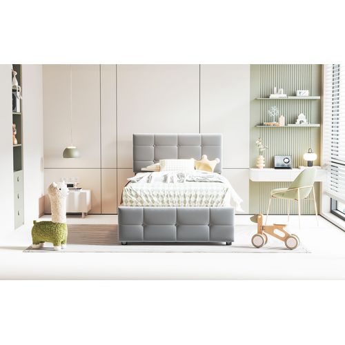 Lit Coffre 90x200 Cm - Simple Capitonné - Espace De Rangement Et Coffre Hydraulique - Velours - Gris