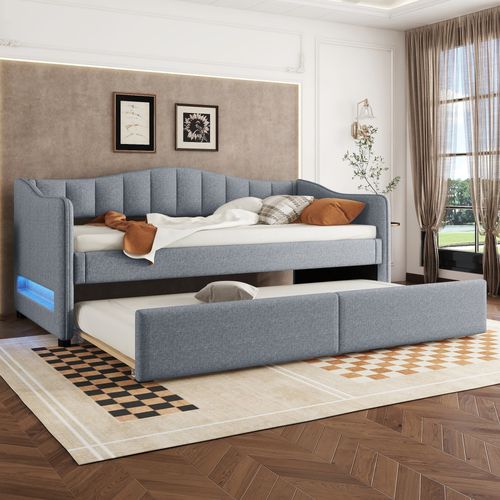 Lit Gigogne 90x200 Cm - Lit Simple Avec Lit Tiroir Et Sommier - Lin + Mdf - Sans Matelas - Gris