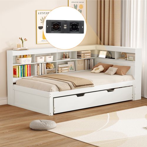 Lit Gigogne 90x200 Cm Avec Lit Tiroir Et USB Intégré, Lit Bois Pratique Avec Rangement, Blanc